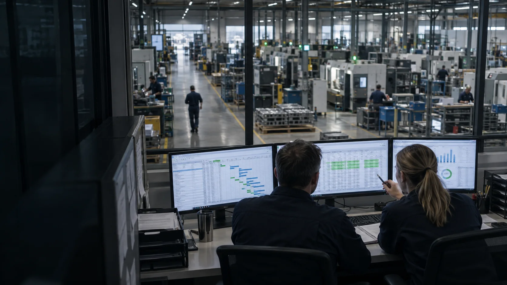 Equipo trabajando sobre un forecast de producción y compras en un entorno industrial.