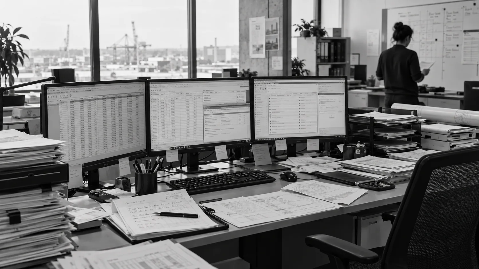 Estación de trabajo con información duplicada, documentos y múltiples sistemas.